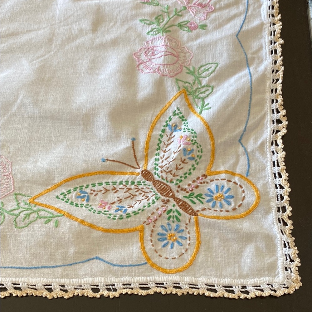 Vintage 32” x 35” Embroidered Butterfly Tablecloth!